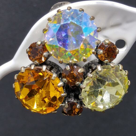 Karu Arke 1950s Austrian Rhinestone Earrings Topaz Aurora Borealis Vintage - Picture 6 of 10